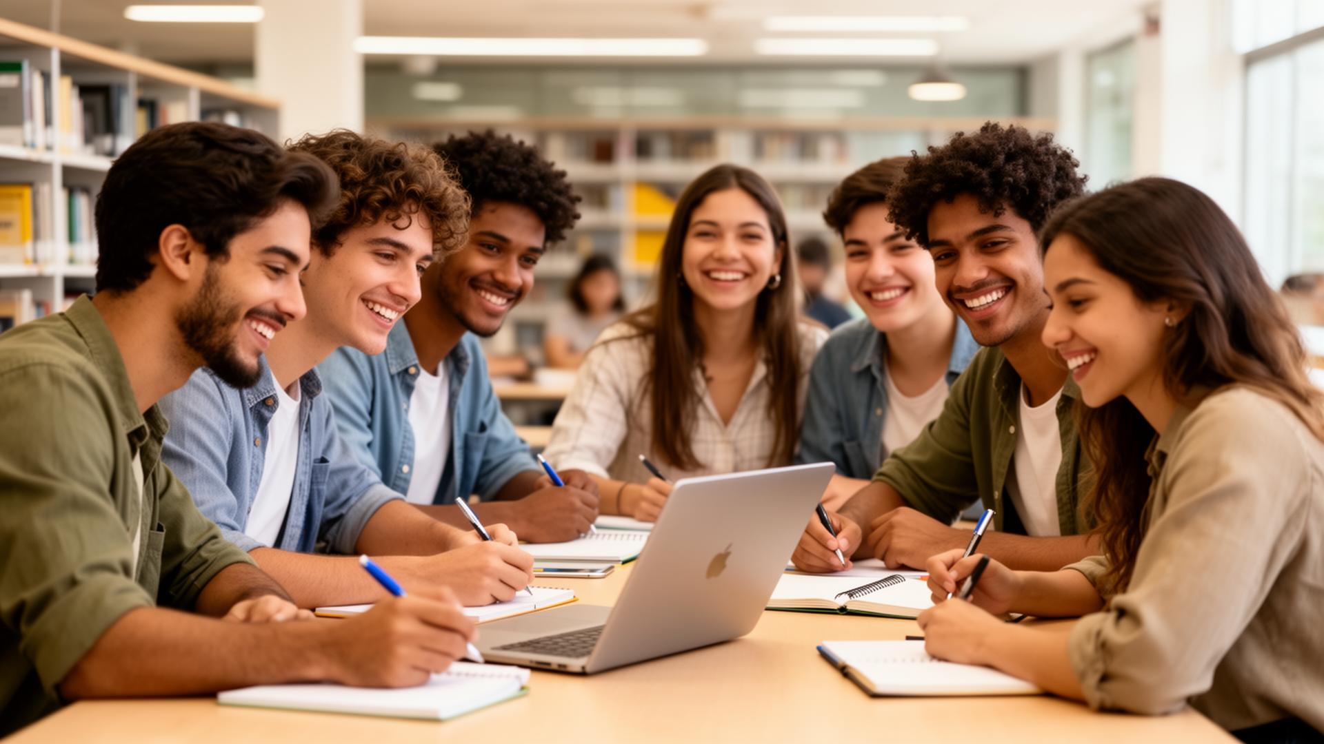 Estudantes universitários colaborando em projeto de inovação